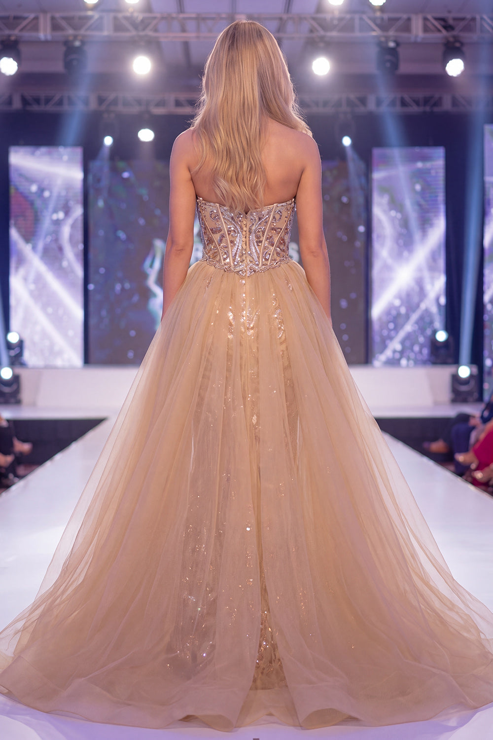 Beaded Sparkly Champagne Strapless Corset Mermaid Long Pageant Dress with Cape