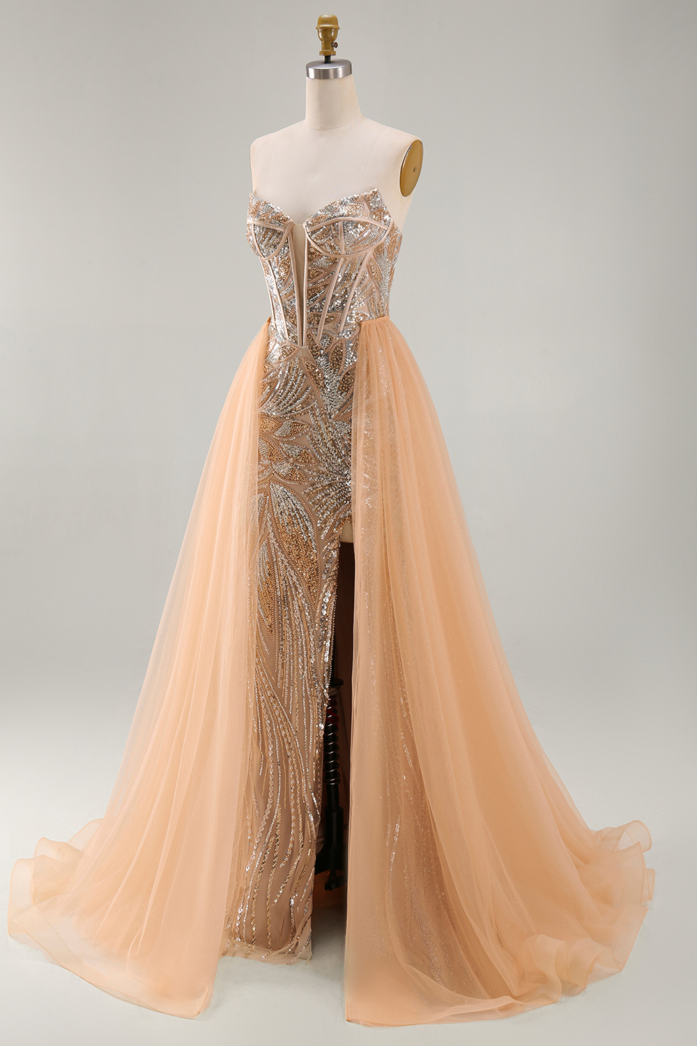 Beaded Sparkly Champagne Strapless Corset Mermaid Long Pageant Dress with Cape