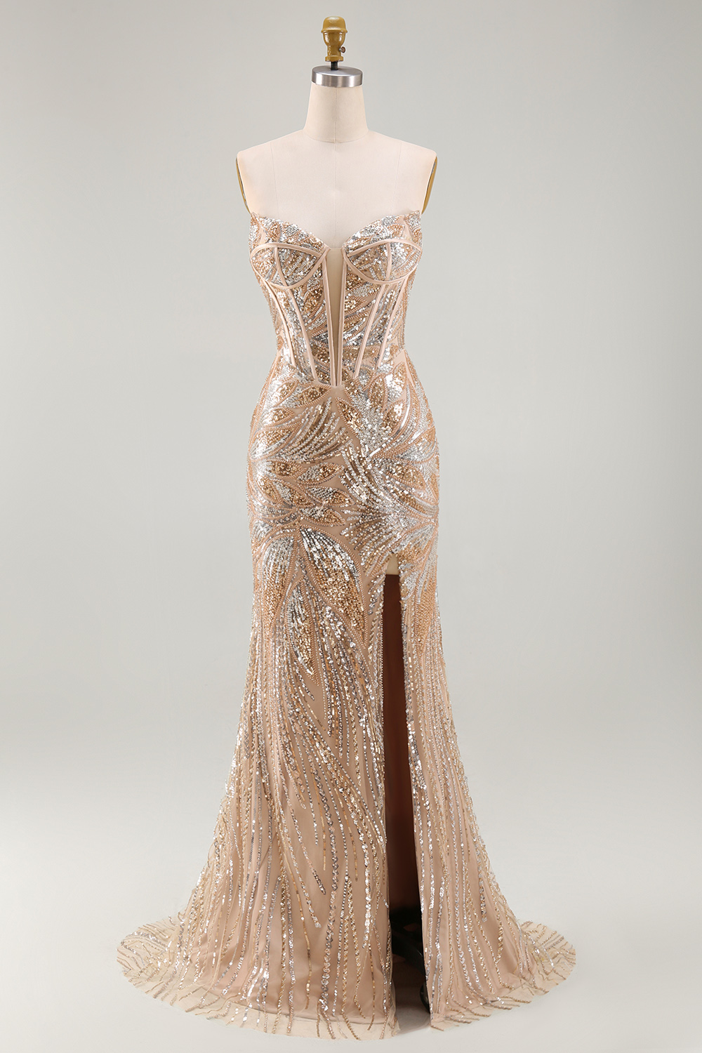 Beaded Sparkly Champagne Strapless Corset Mermaid Long Pageant Dress with Cape