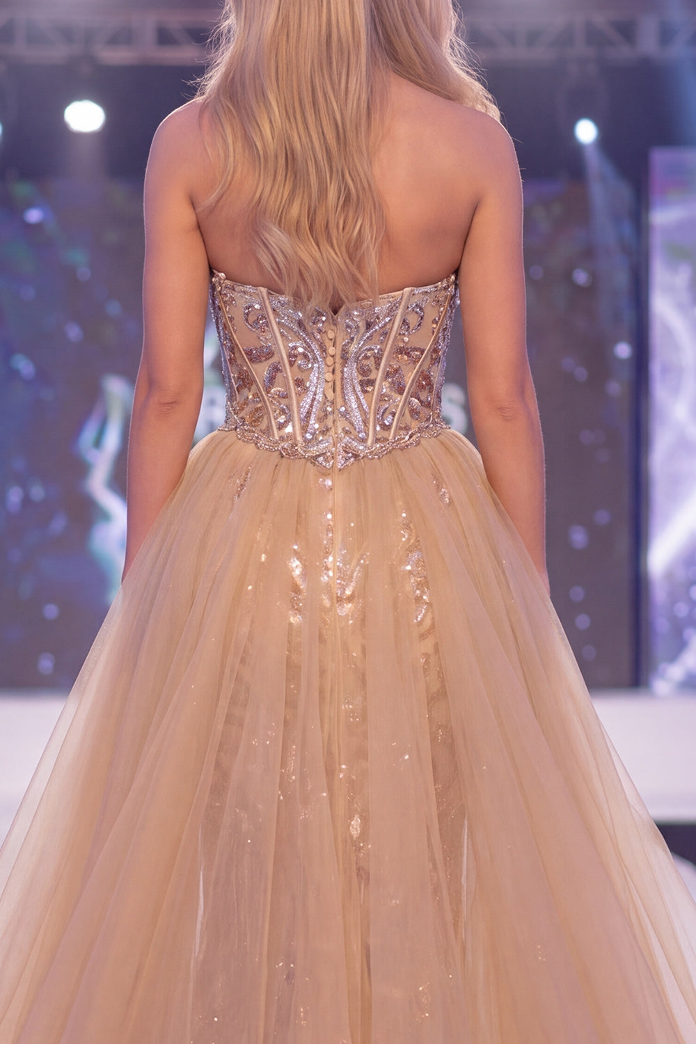 Beaded Sparkly Champagne Strapless Corset Mermaid Long Pageant Dress with Cape
