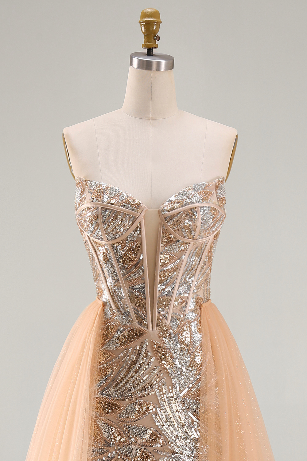 Beaded Sparkly Champagne Strapless Corset Mermaid Long Pageant Dress with Cape
