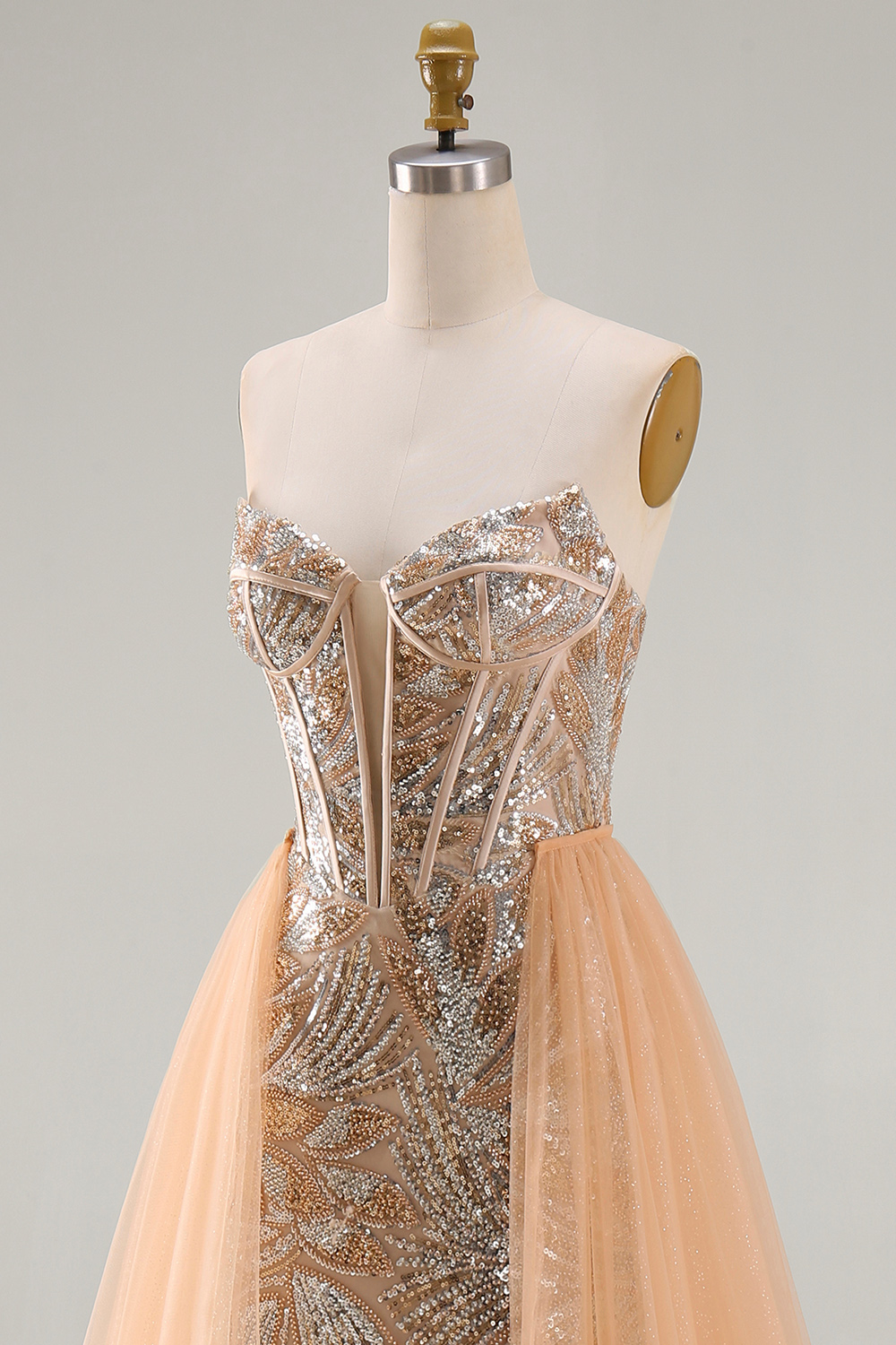 Beaded Sparkly Champagne Strapless Corset Mermaid Long Pageant Dress with Cape