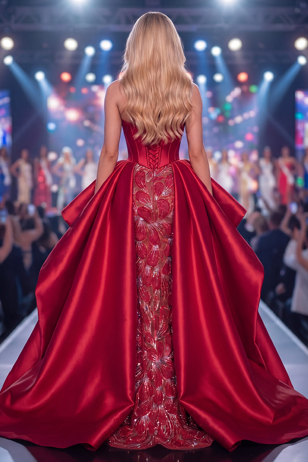 Sparkly Burgundy Long Beaded Ruffled Corset Mermaid Pageant Dress with Slit