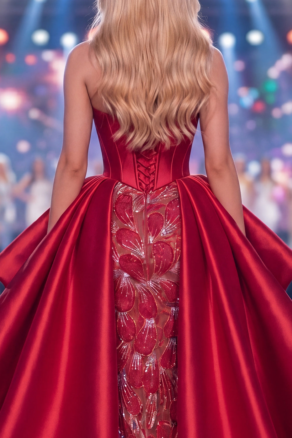 Sparkly Burgundy Long Beaded Ruffled Corset Mermaid Pageant Dress with Slit