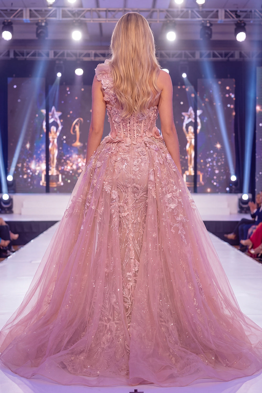 Sparkly Blush Corset Long Mermaid Beaded Floral Pageant Dress with Cape