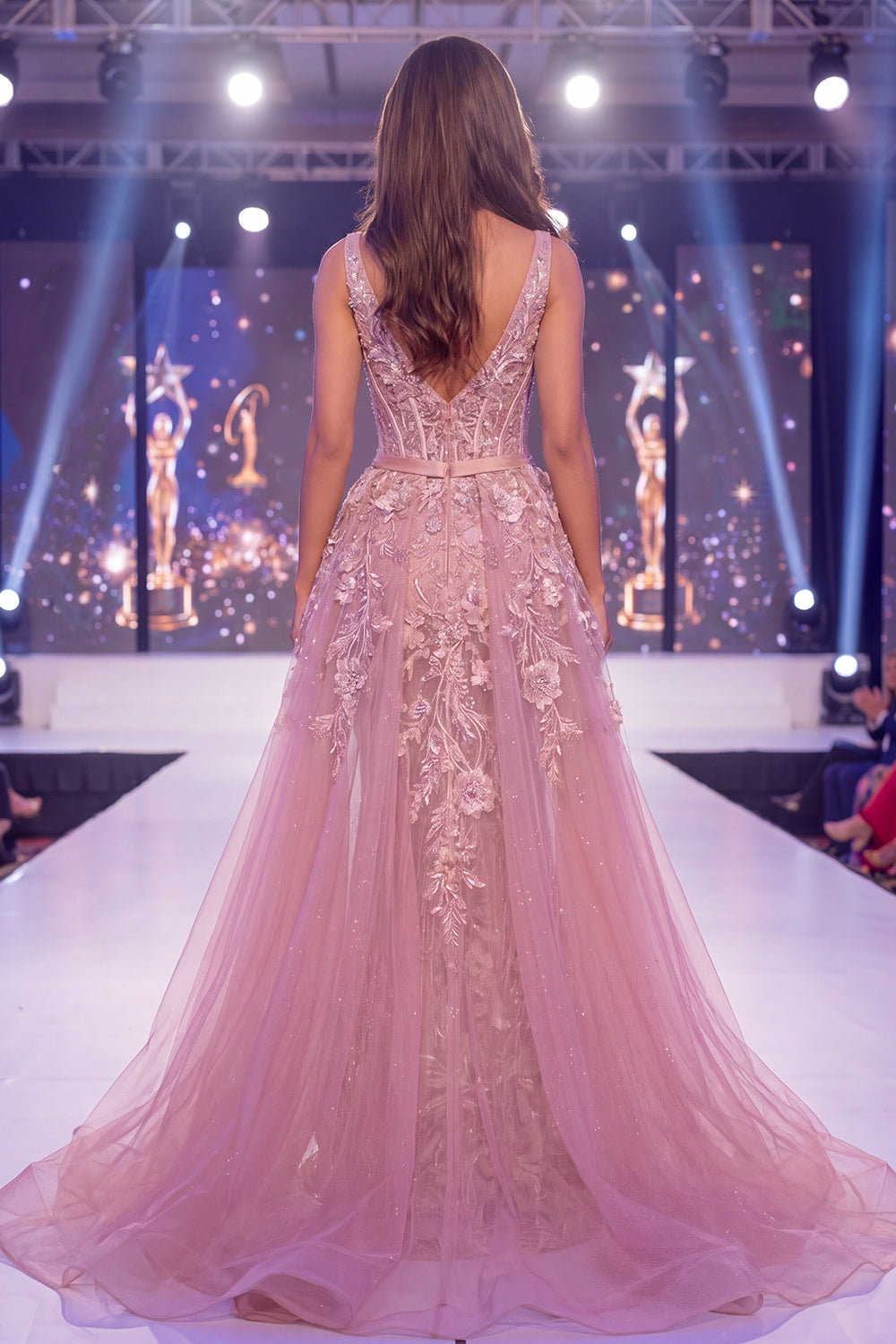 V-Neck Beaded Floral Sparkly Blush Mermaid Corset Long Pageant Dress with Cape