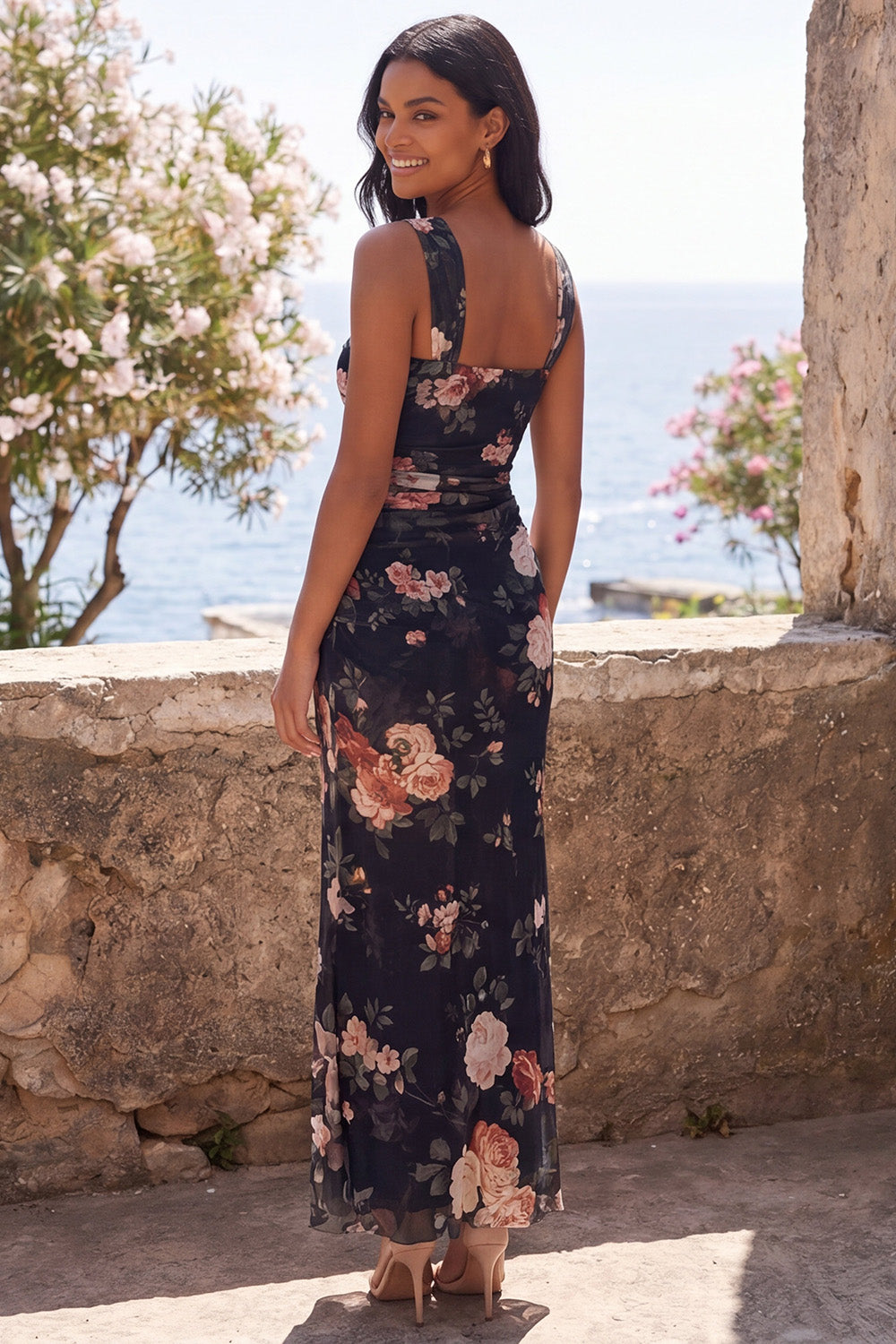 Black Square Neck Ruched Sheath Floral Maxi Formal Dress