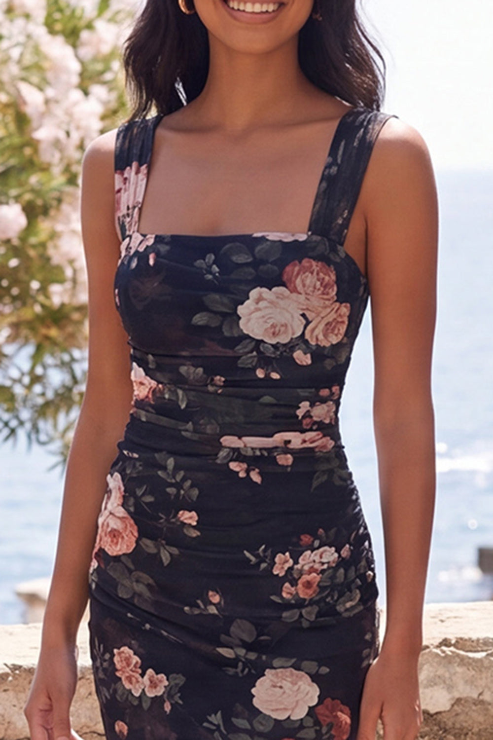 Black Square Neck Ruched Sheath Floral Maxi Formal Dress