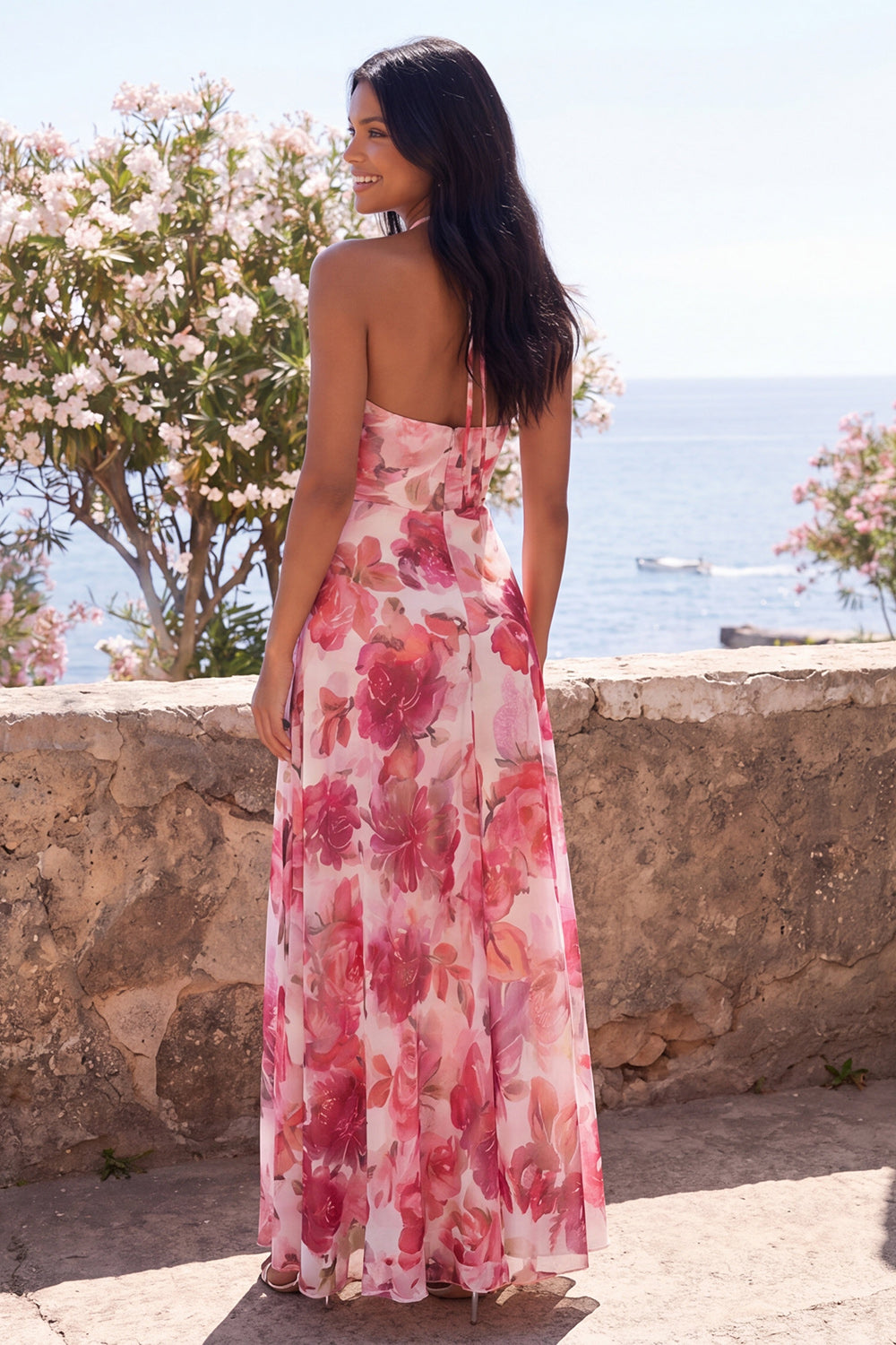Floral Pink Halter Maxi A Line Formal Dress with Slit