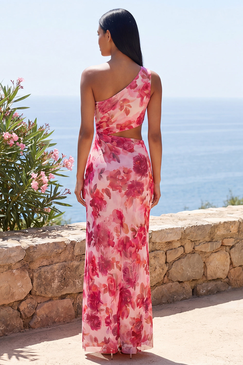 Floral Pink Cut Out Maxi Sheath Formal Dress with Slit