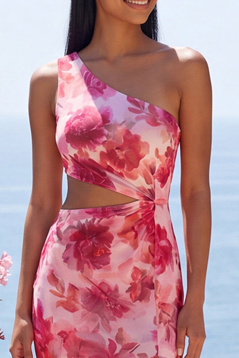 Floral Pink Cut Out Maxi Sheath Formal Dress with Slit