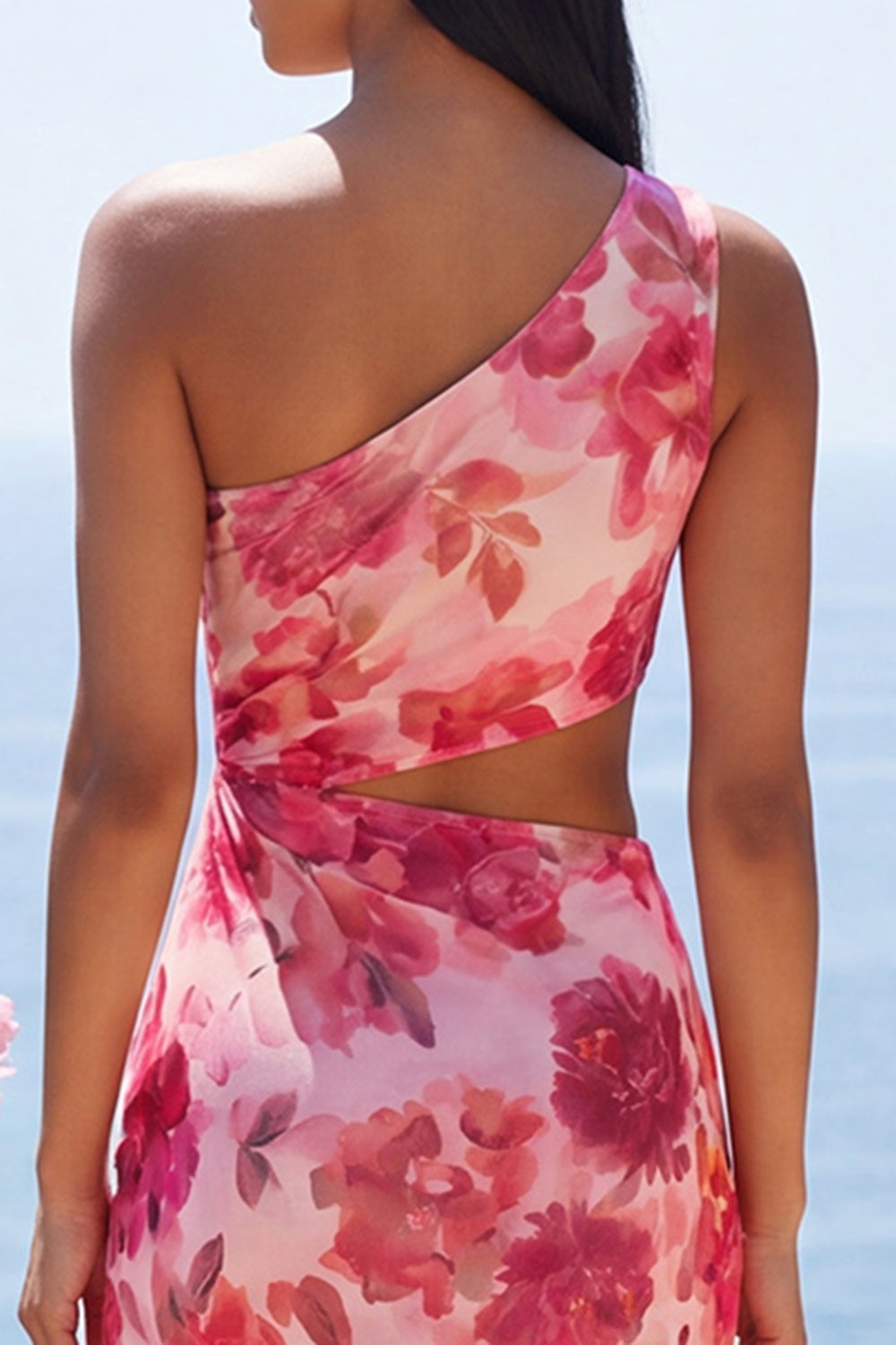 Floral Pink Cut Out Maxi Sheath Formal Dress with Slit