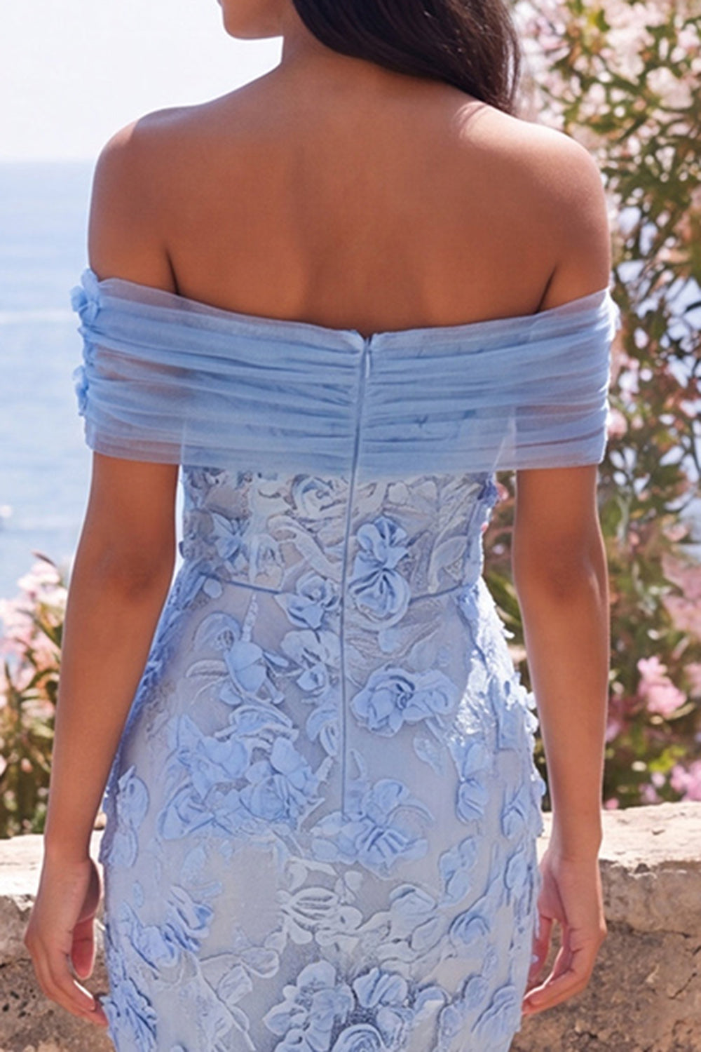 Blue Off the Shoulder Mermaid Floral Maxi Formal Dress