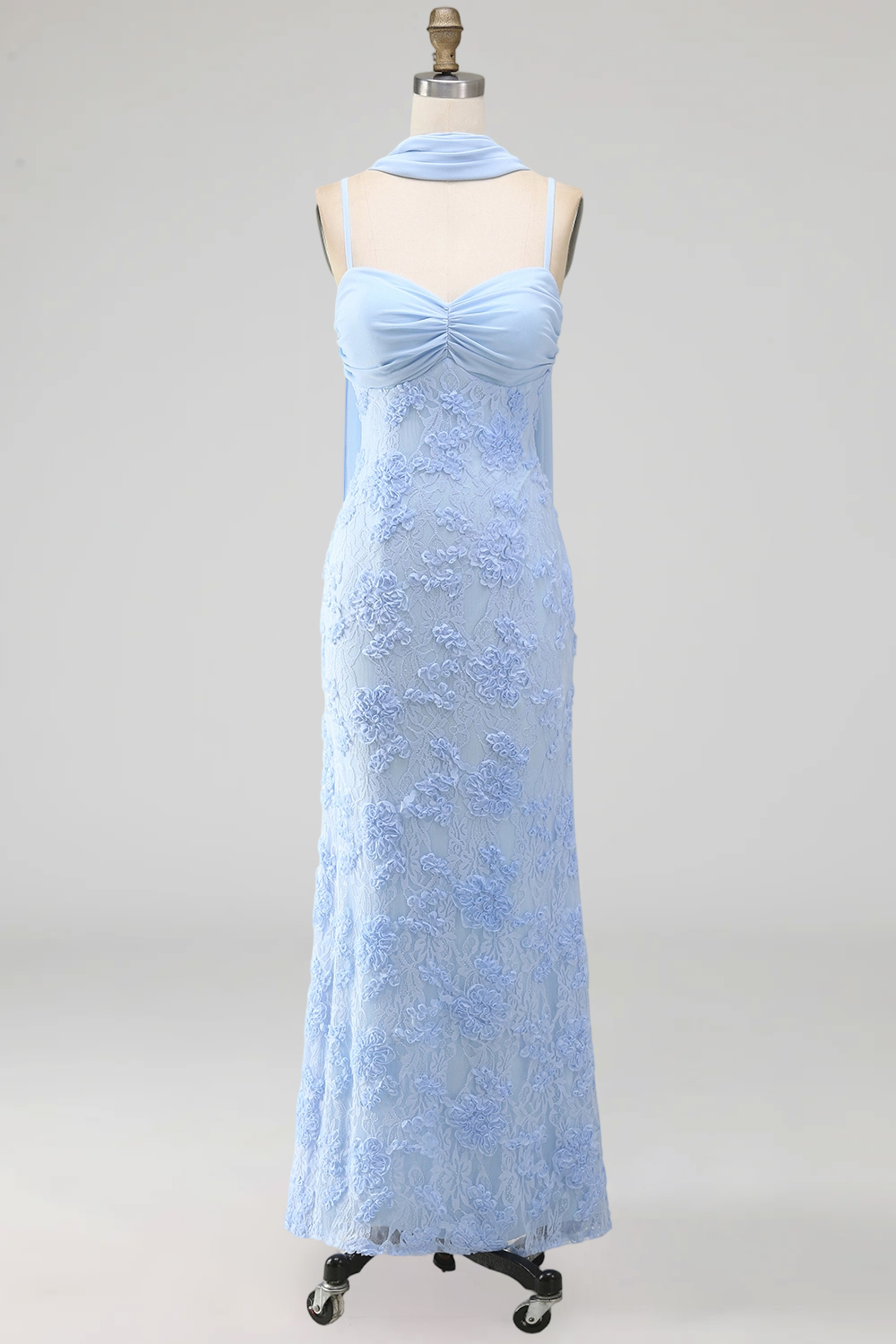 Blue Spaghetti Straps Sheath Floral Maxi Formal Dress