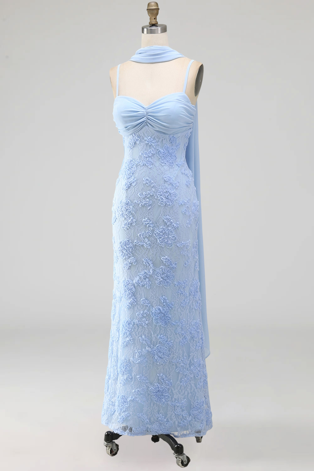 Blue Spaghetti Straps Sheath Floral Maxi Formal Dress
