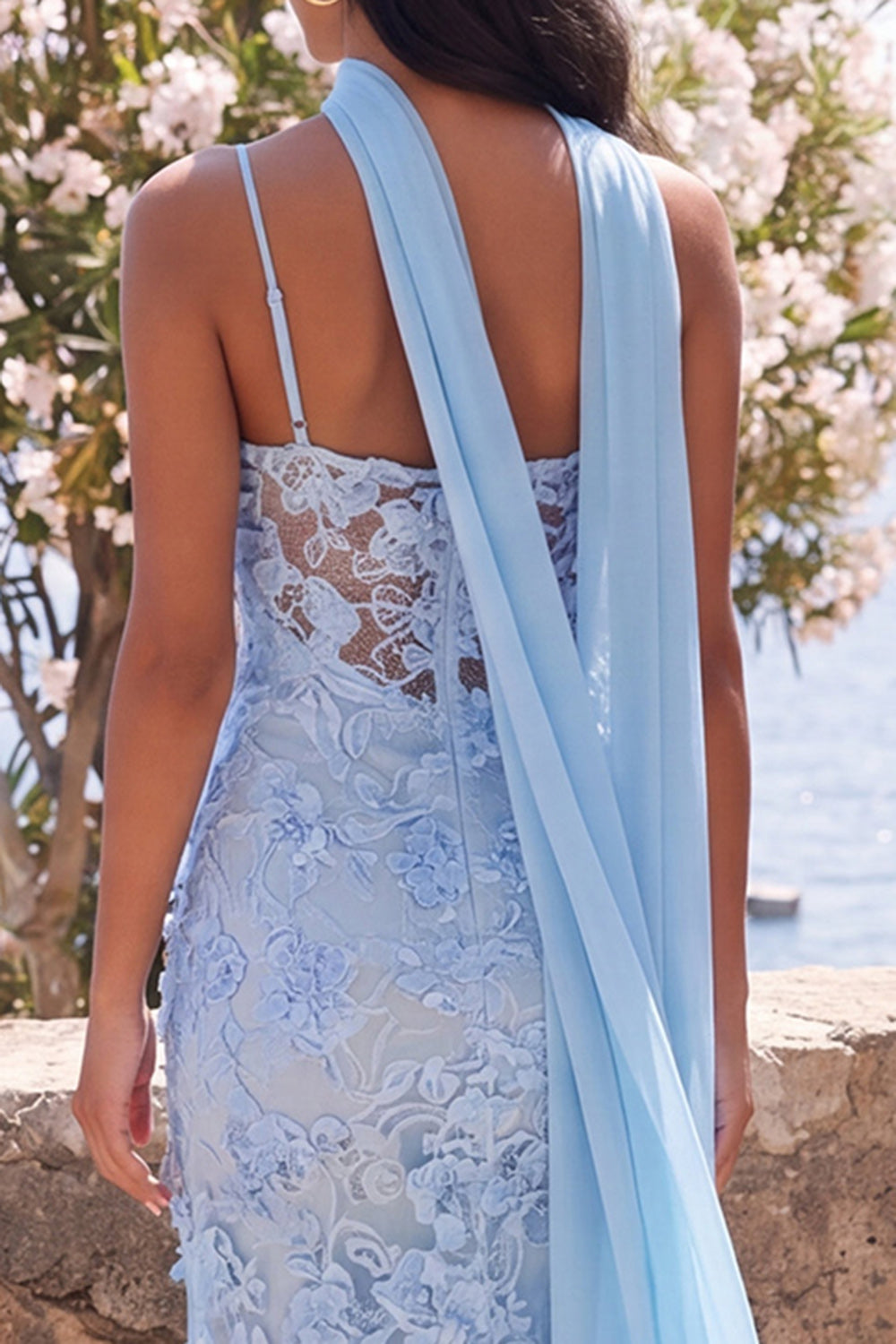 Blue Spaghetti Straps Sheath Floral Maxi Formal Dress