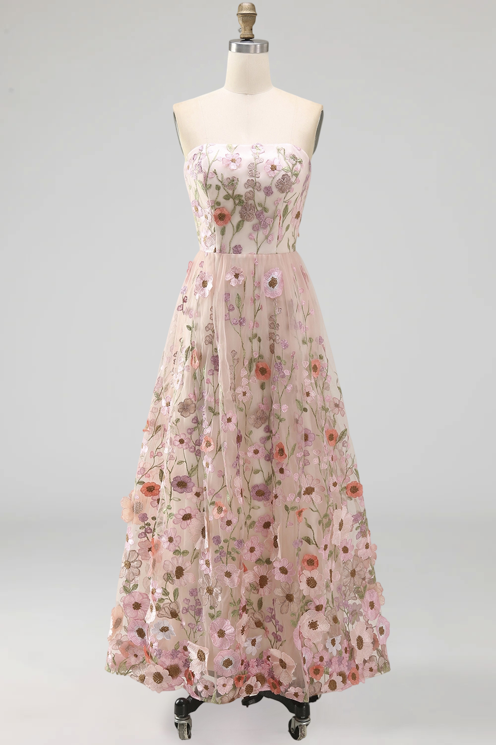 Floral Pink Strapless A Line Maxi Formal Dress