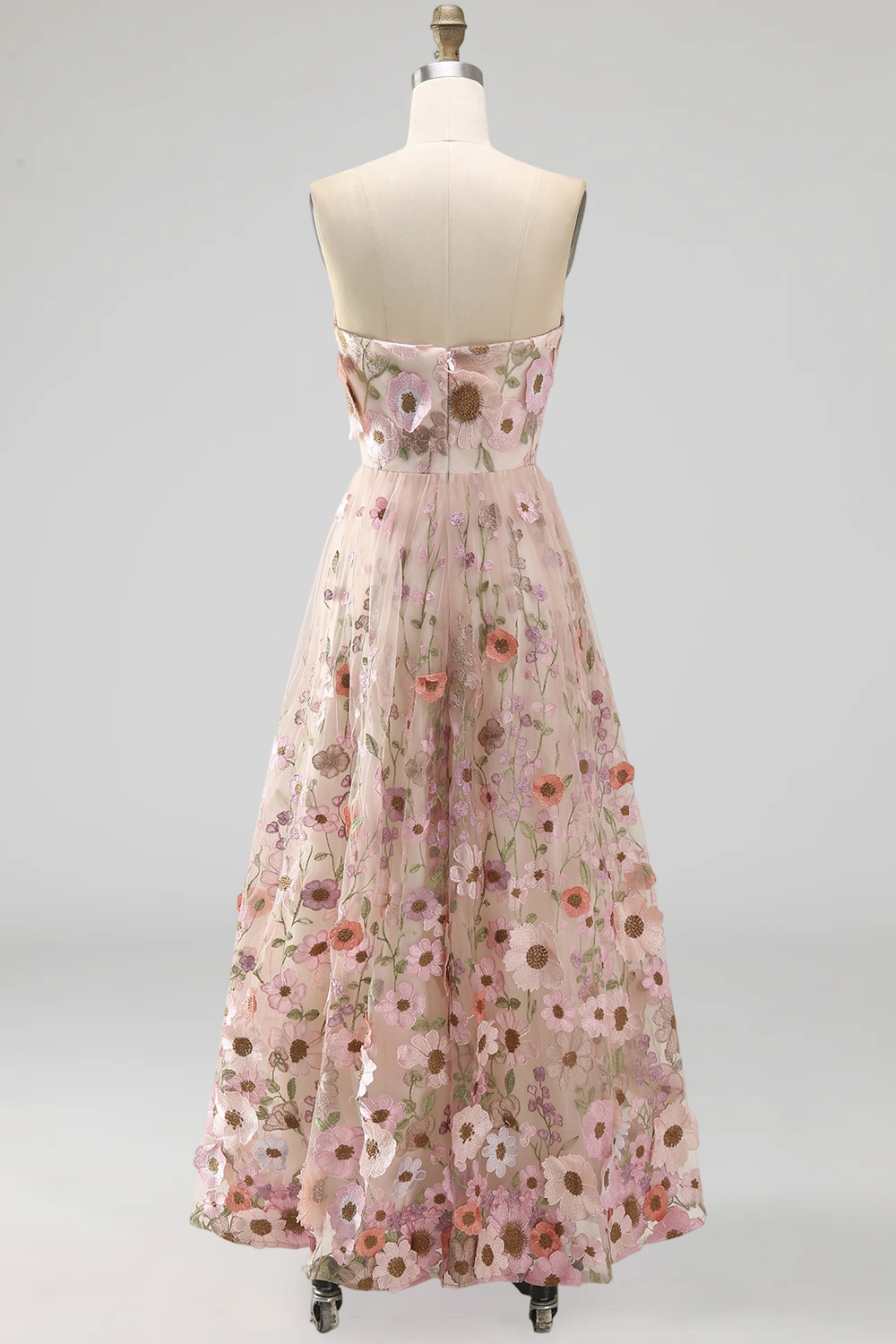 Floral Pink Strapless A Line Maxi Formal Dress