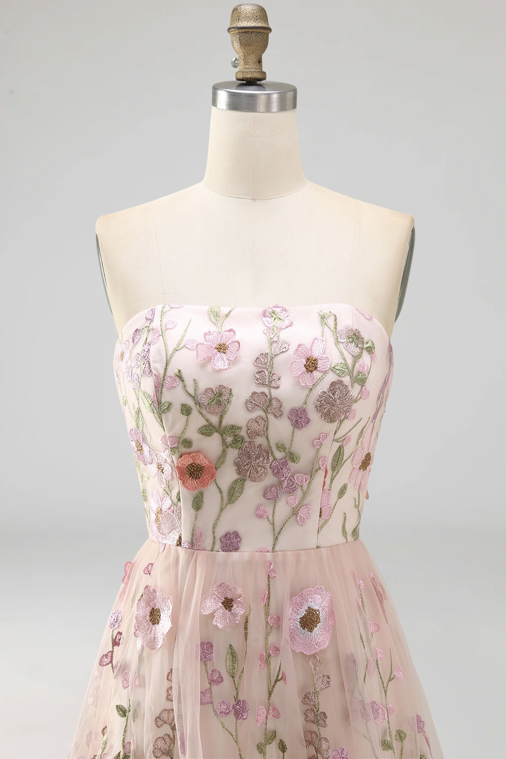 Floral Pink Strapless A Line Maxi Formal Dress