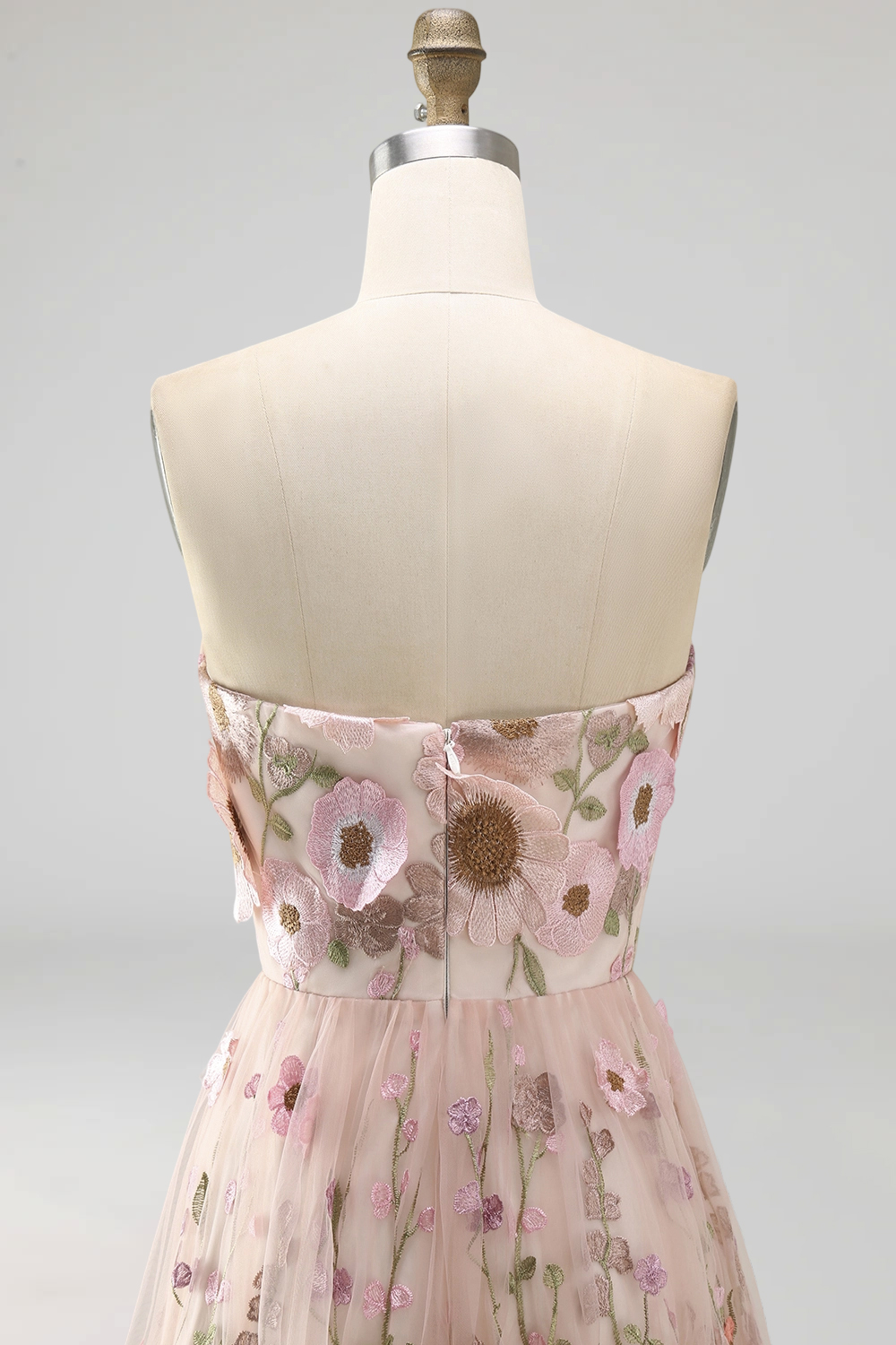 Floral Pink Strapless A Line Maxi Formal Dress
