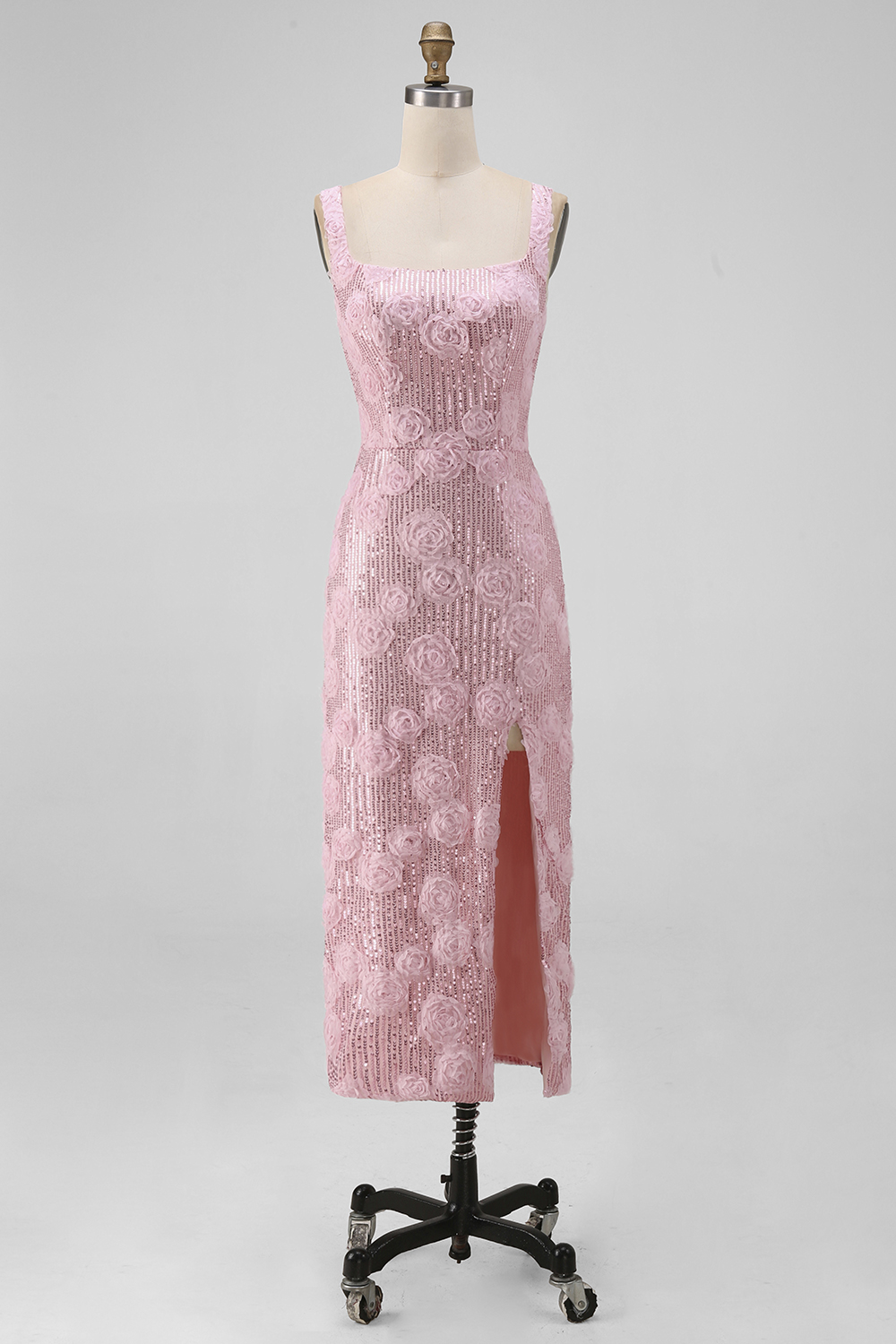 Sparkly Pink Sequin Floral Maxi Sheath Formal Dress with Slit
