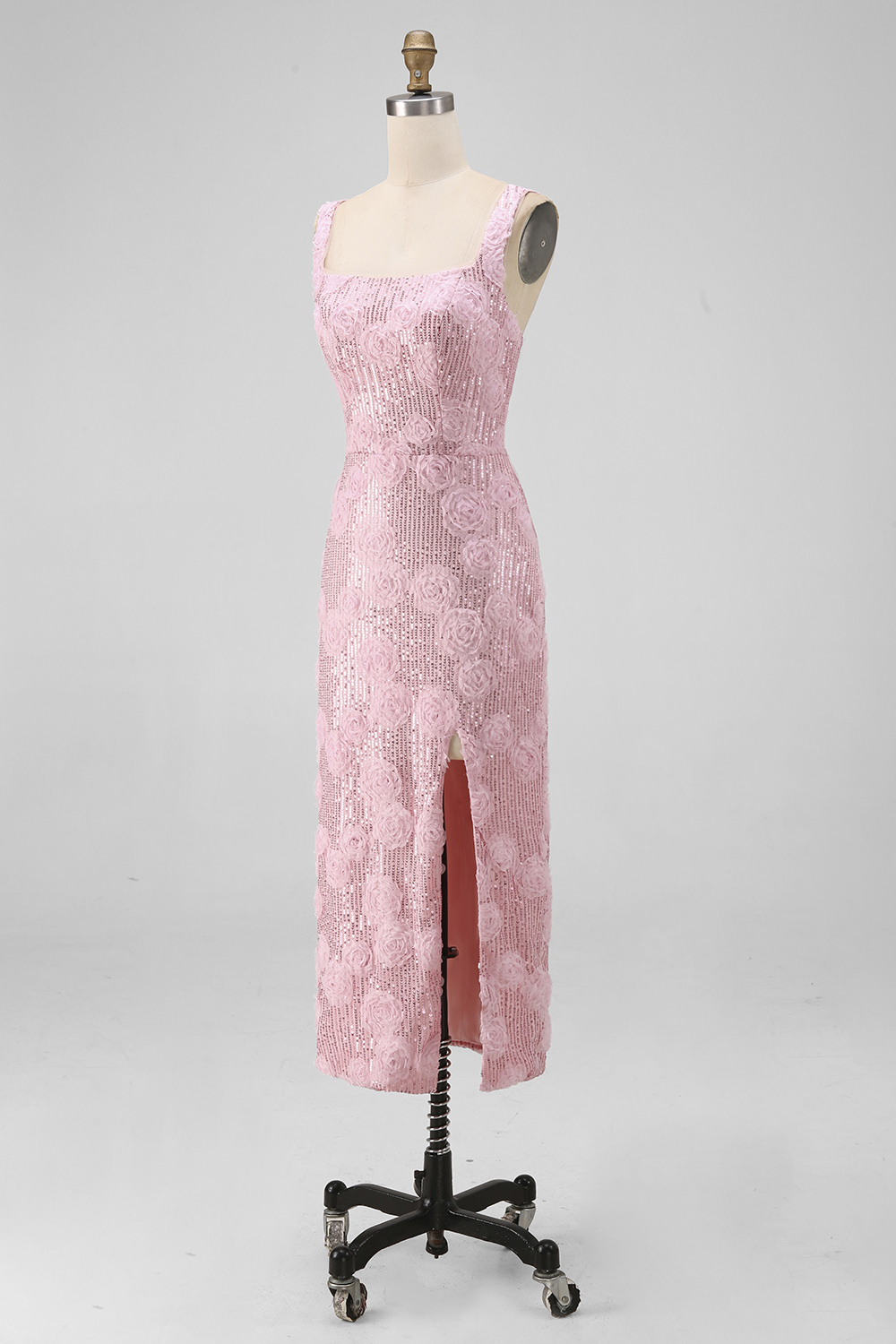 Sparkly Pink Sequin Floral Maxi Sheath Formal Dress with Slit