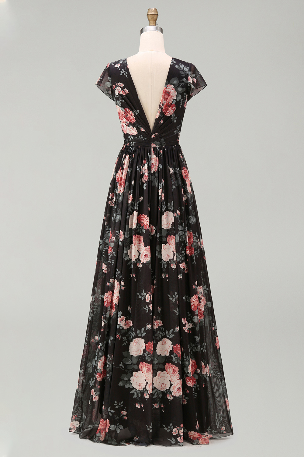 Black V-Neck A Line Floral Maxi Formal Dress