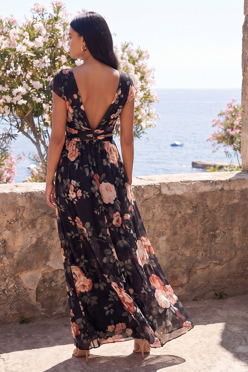Black V-Neck A Line Floral Maxi Formal Dress