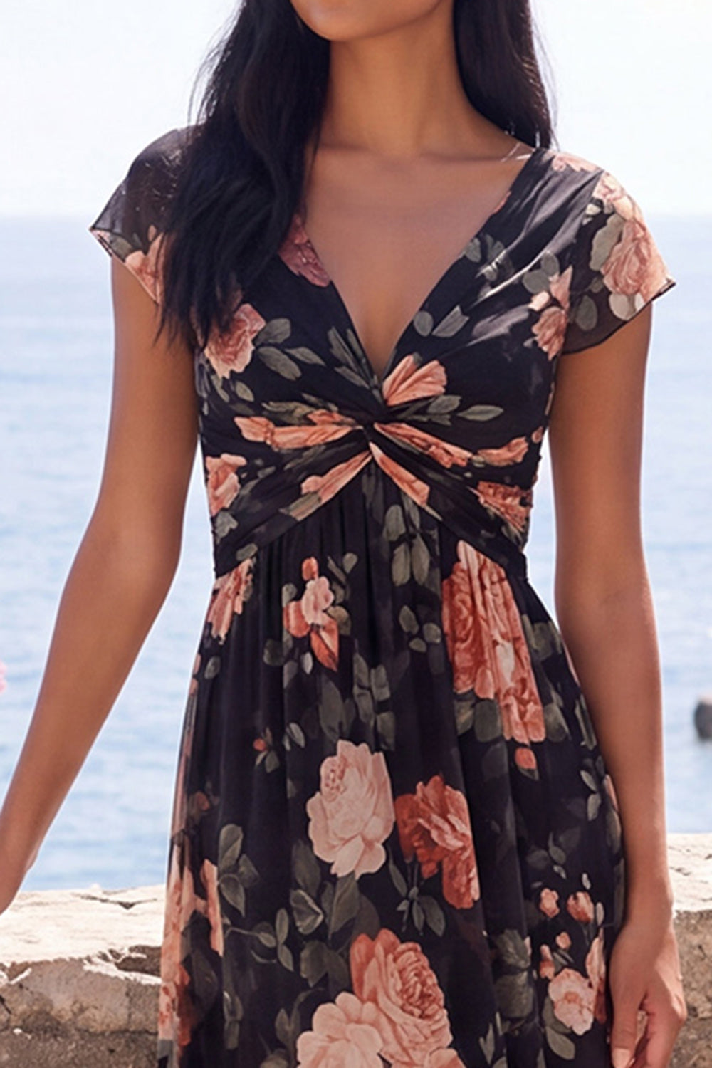 Black V-Neck A Line Floral Maxi Formal Dress