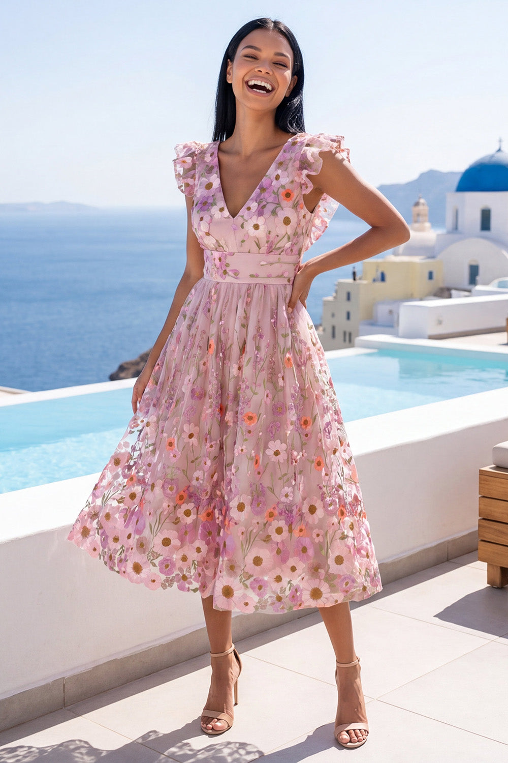 Floral Pink A Line V-Neck Maxi Formal Dress with Ruffles