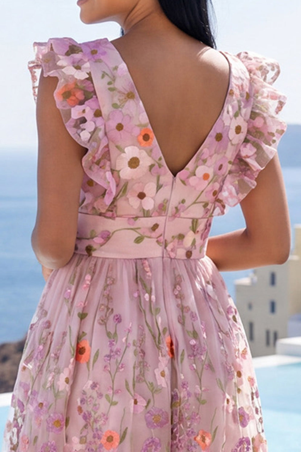 Floral Pink A Line V-Neck Maxi Formal Dress with Ruffles