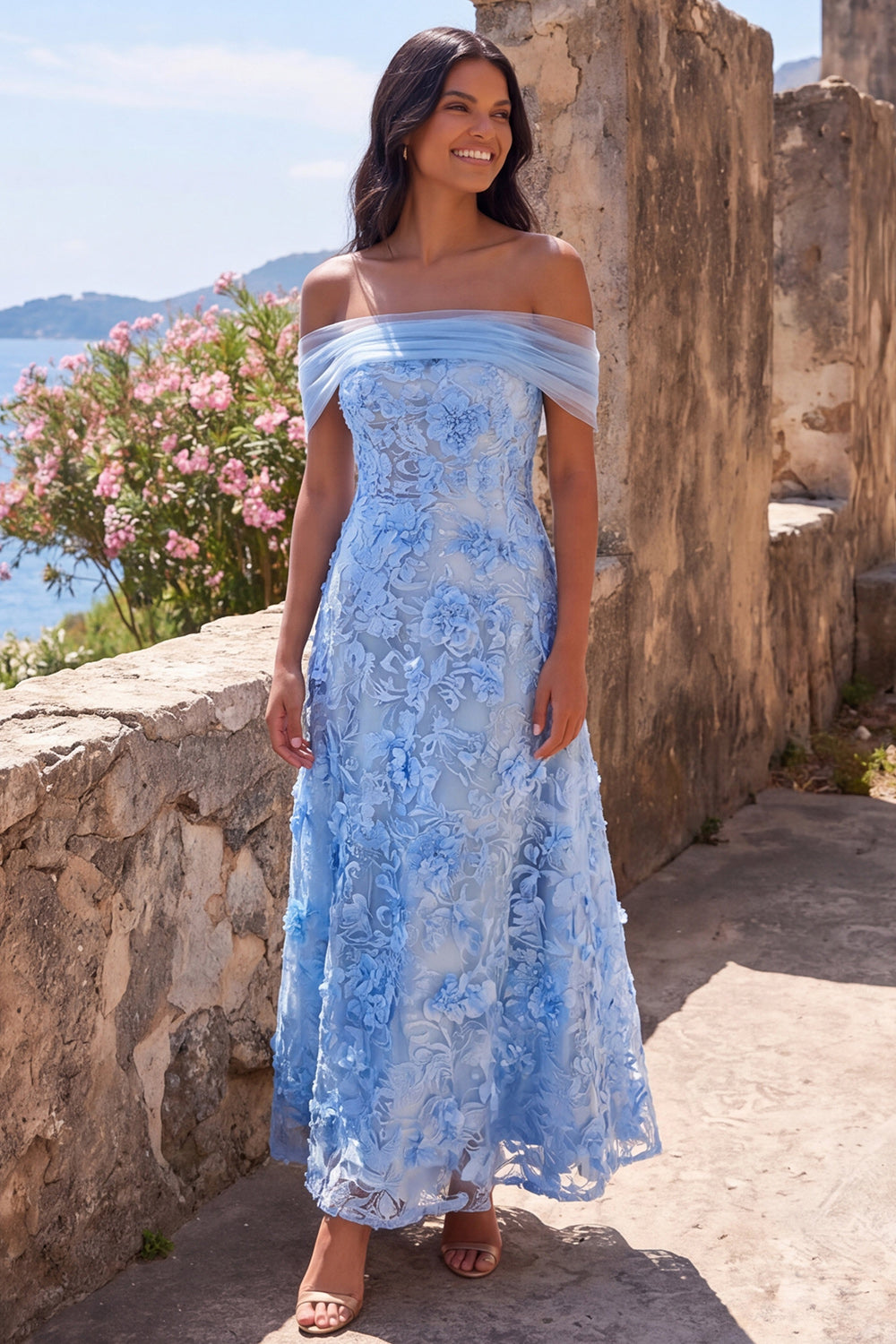 A Line Blue Off the Shoulder Floral Maxi Formal Dress