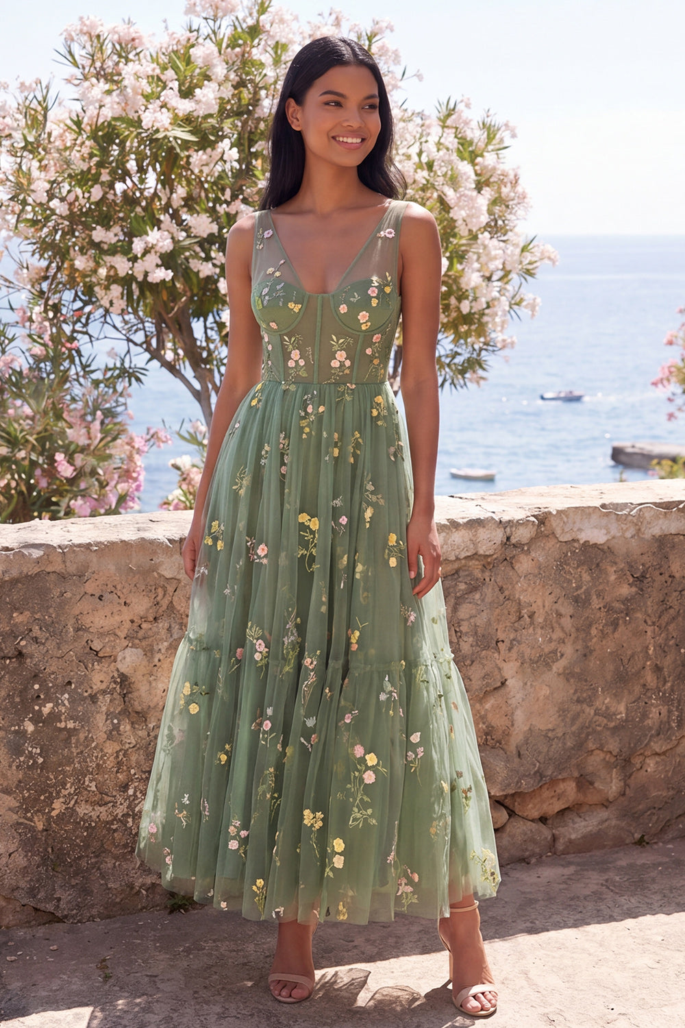 Dusty Sage V-Neck Corset A Line Floral Maxi Formal Dress