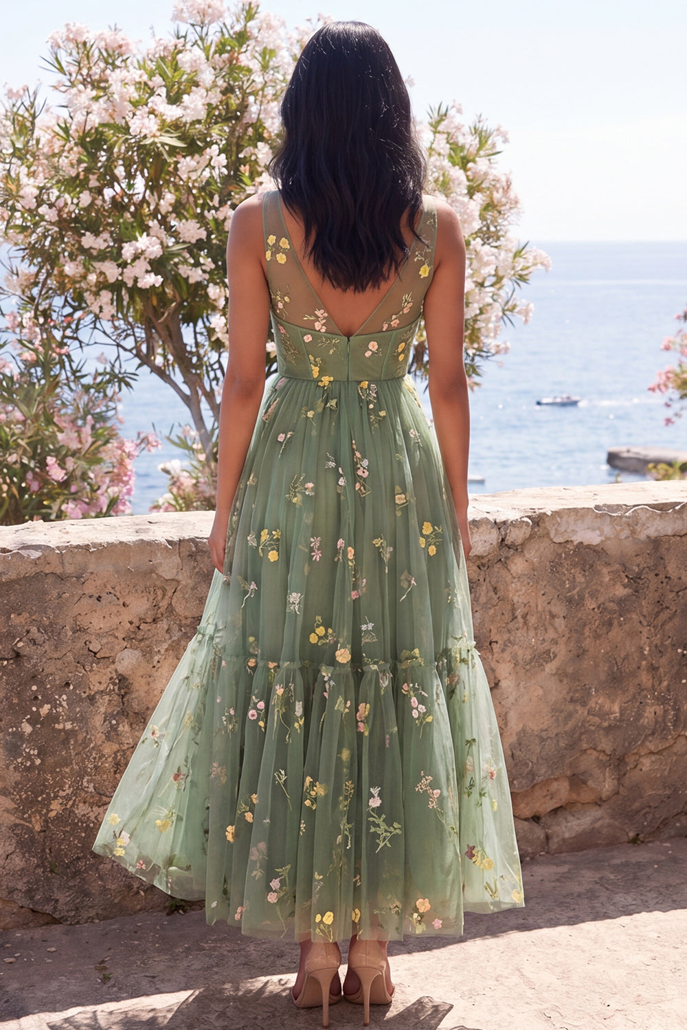 Dusty Sage V-Neck Corset A Line Floral Maxi Formal Dress