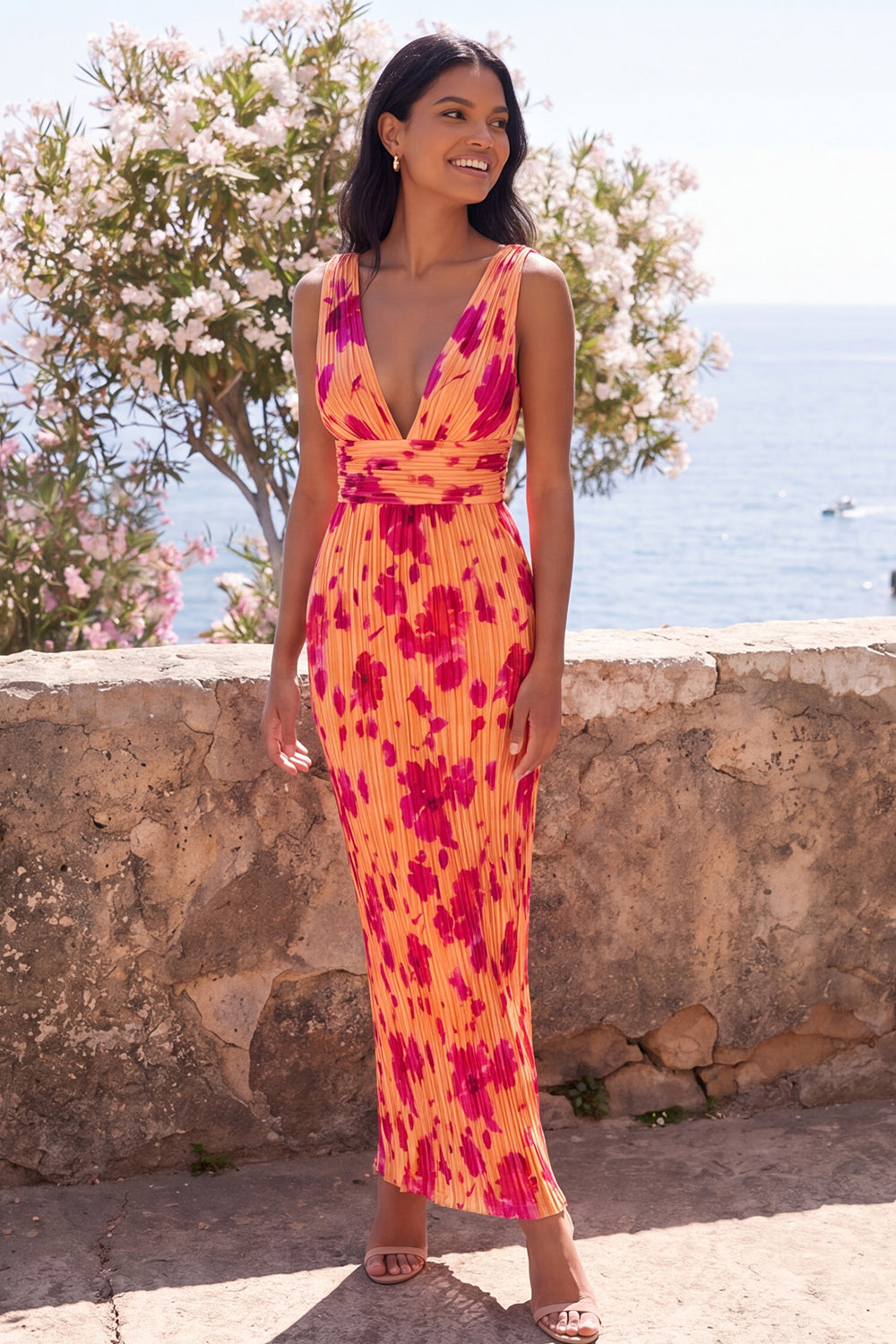 Orange V-Neck Ruched Mermaid Floral Maxi Formal Dress