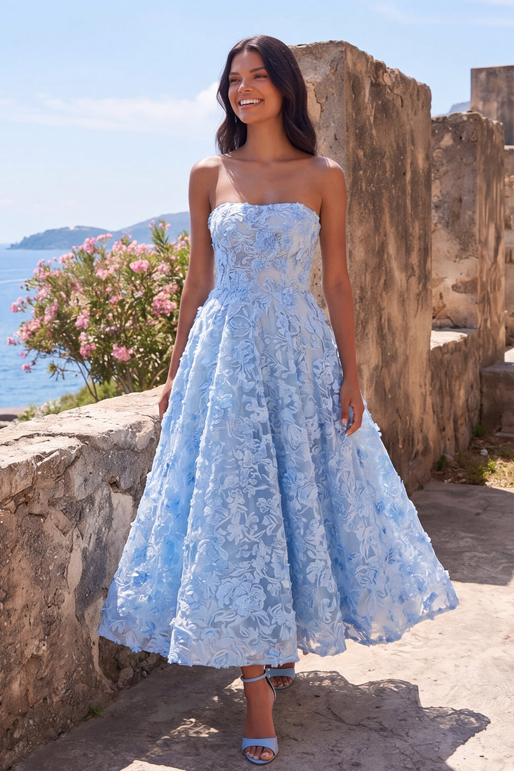 A Line Blue Strapless Floral Maxi Formal Dress