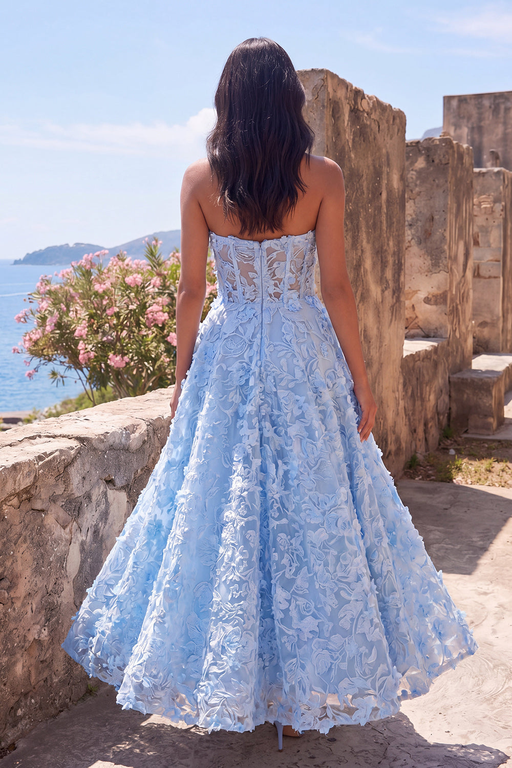 A Line Blue Strapless Floral Maxi Formal Dress
