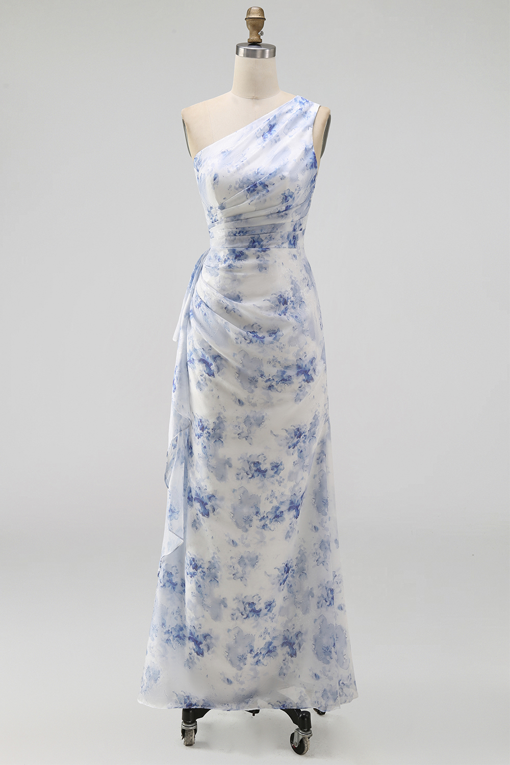 Blue Flower Mermaid One Shoulder Maxi Formal Dress with Ruffles