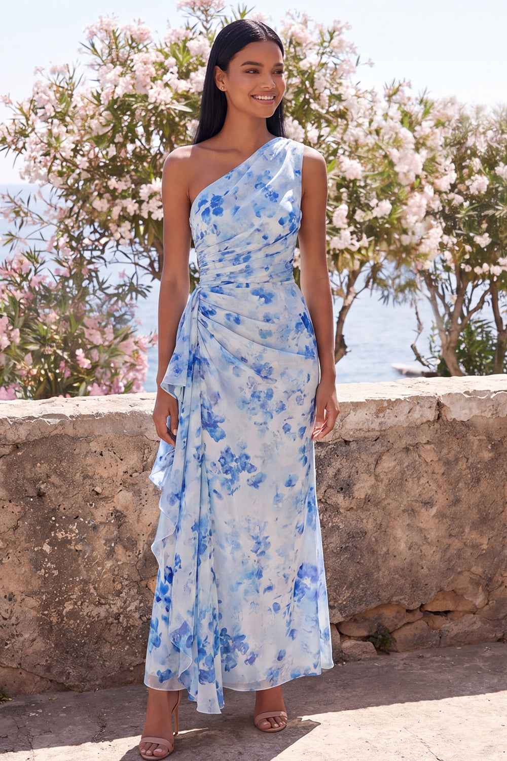 Blue Flower Mermaid One Shoulder Maxi Formal Dress with Ruffles