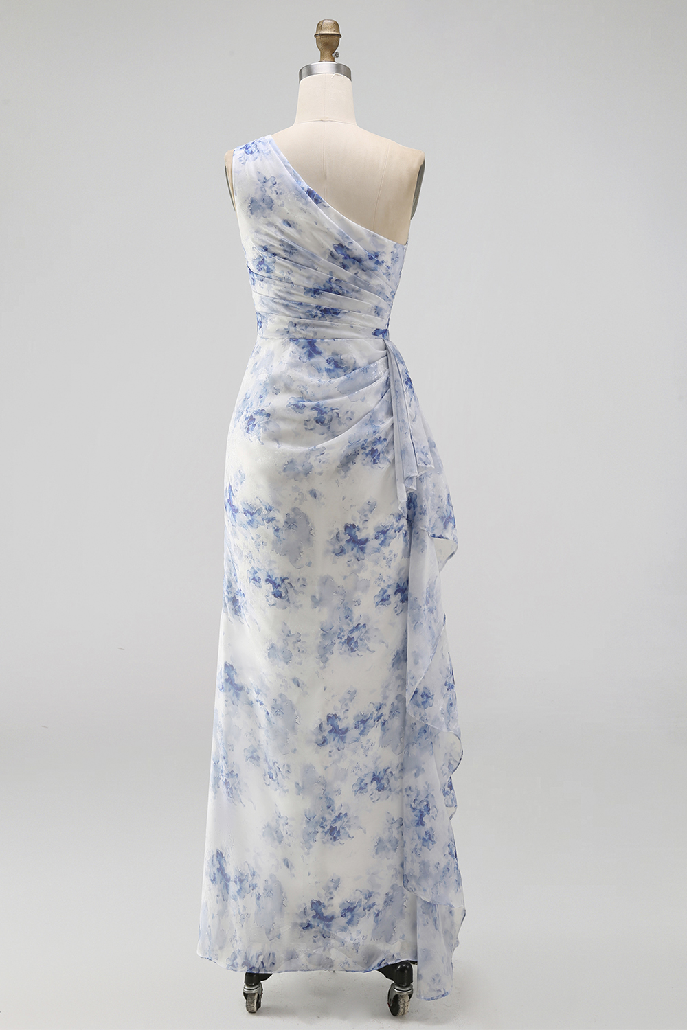 Blue Flower Mermaid One Shoulder Maxi Formal Dress with Ruffles