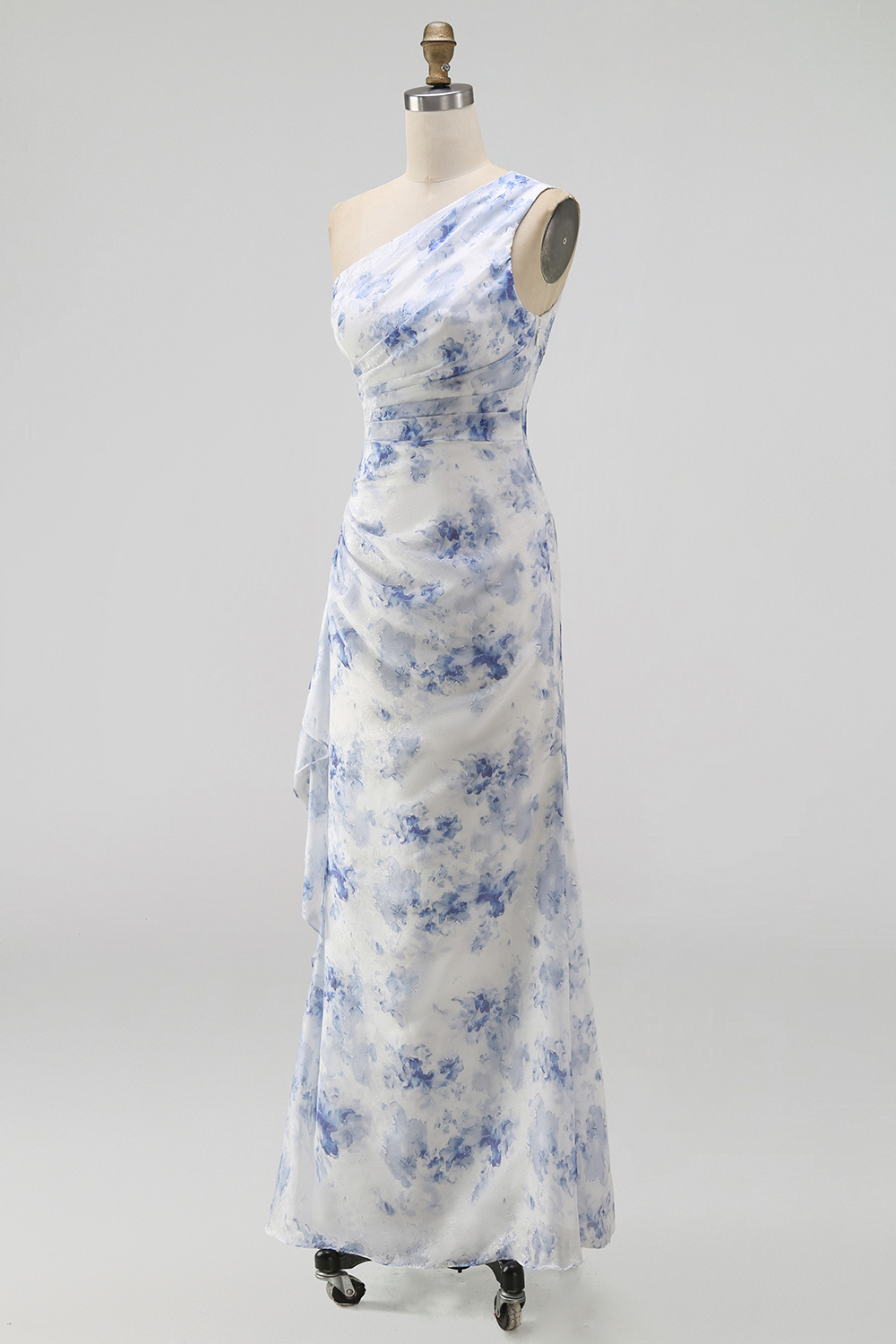 Blue Flower Mermaid One Shoulder Maxi Formal Dress with Ruffles