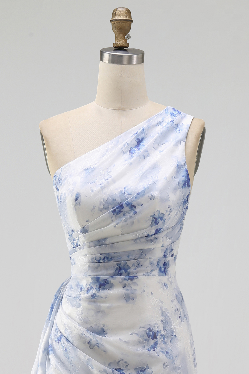 Blue Flower Mermaid One Shoulder Maxi Formal Dress with Ruffles
