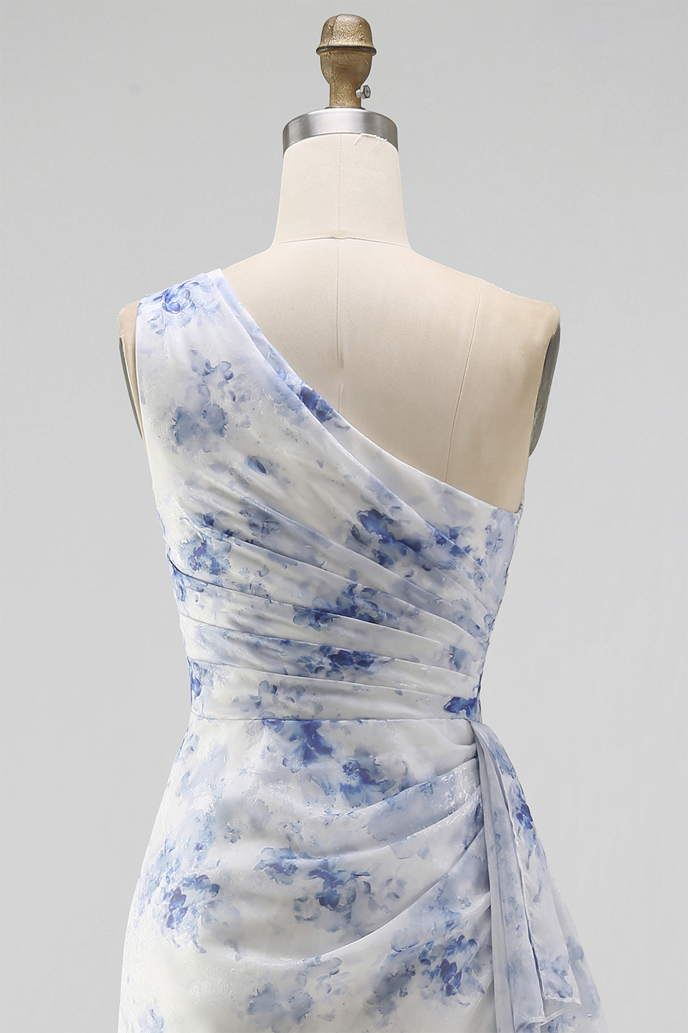 Blue Flower Mermaid One Shoulder Maxi Formal Dress with Ruffles