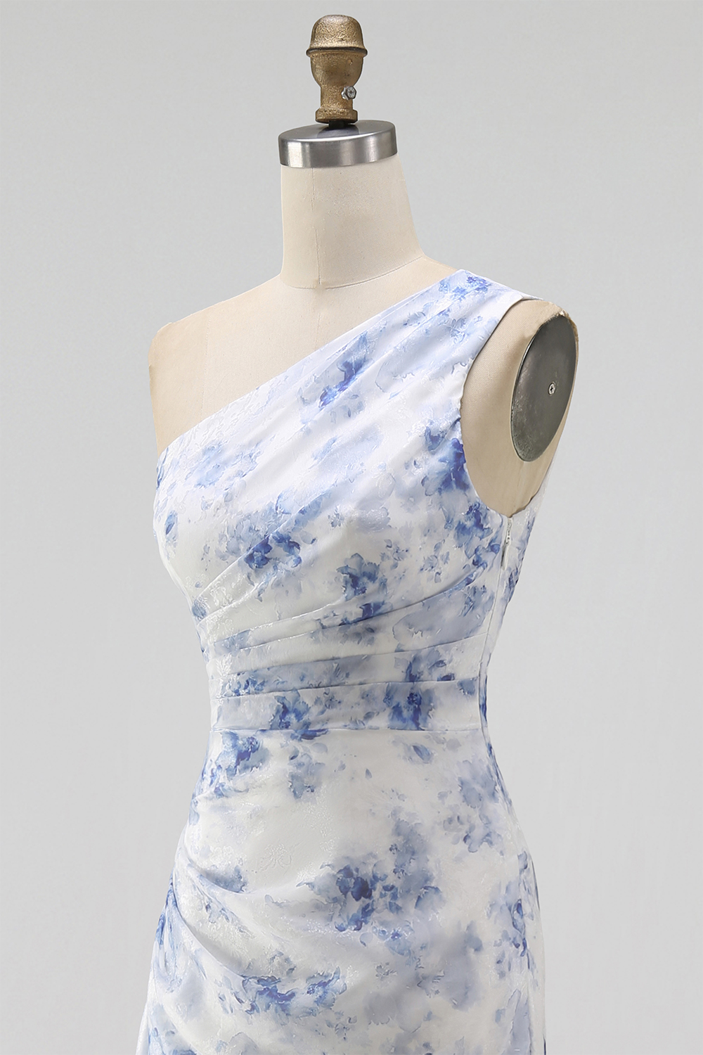Blue Flower Mermaid One Shoulder Maxi Formal Dress with Ruffles