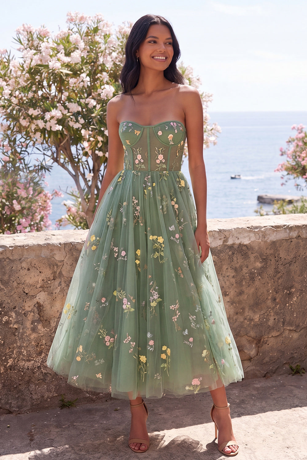 Dusty Sage Strapless Corset A Line Floral Maxi Formal Dress