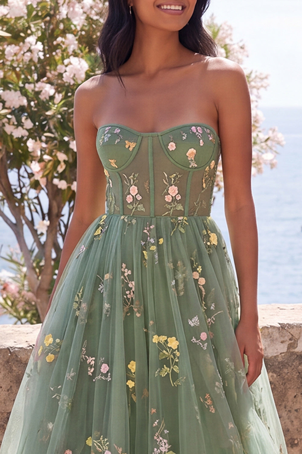 Dusty Sage Strapless Corset A Line Floral Maxi Formal Dress