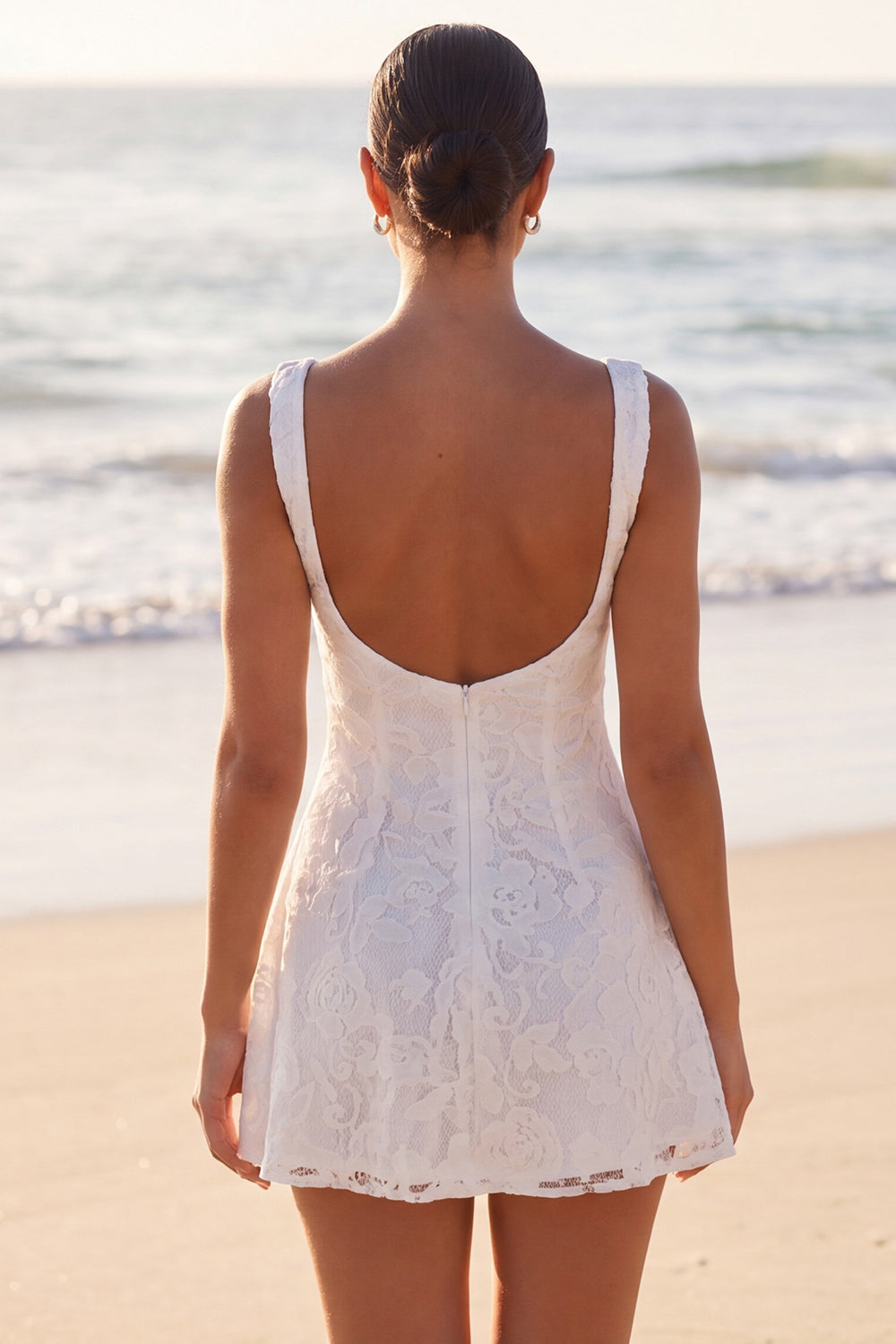 Boat Neck Floral A Line Lace Short Ivory Boho Bachelorette Party Dress