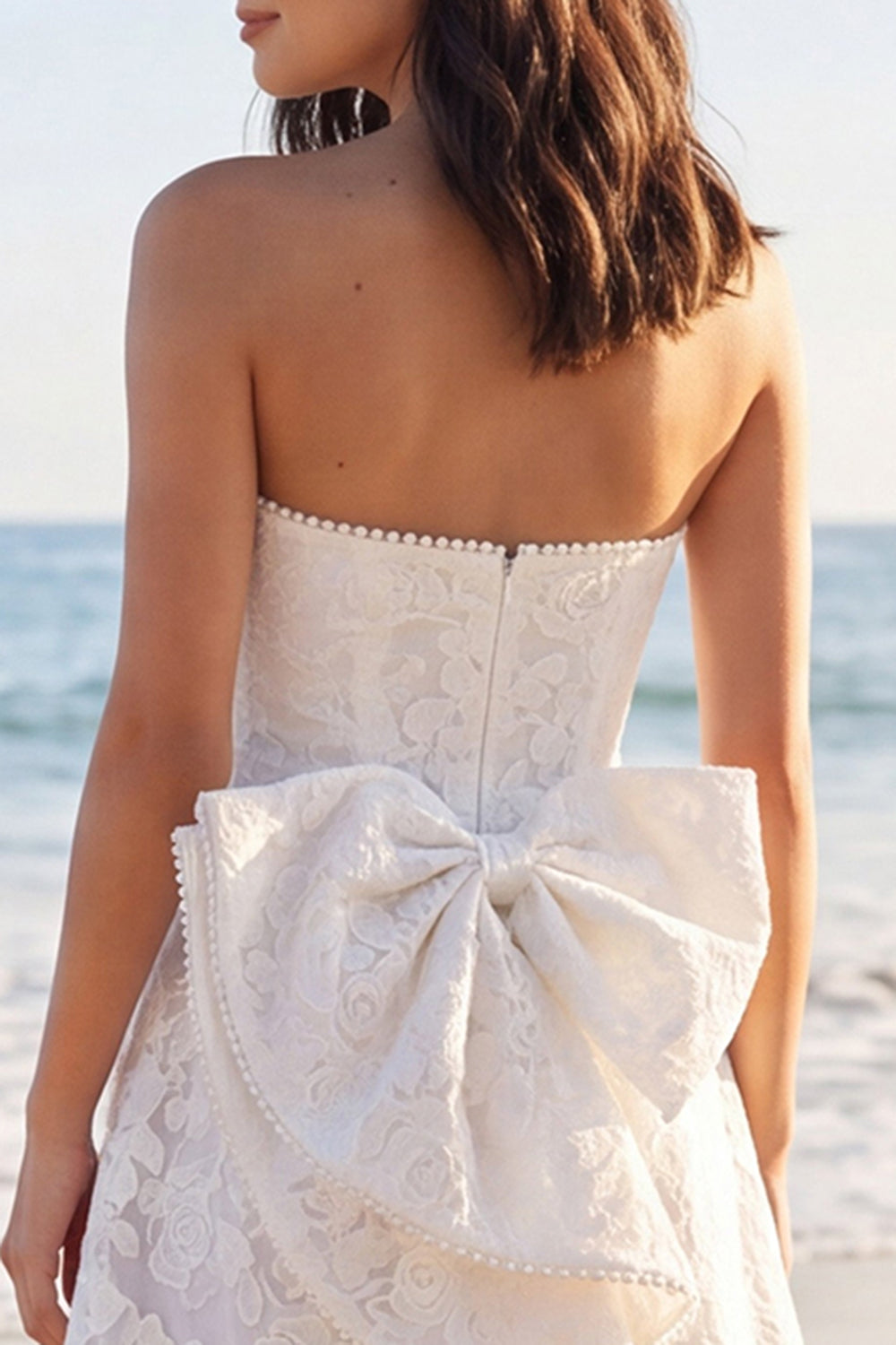 A Line Floral Strapless Short Ivory Boho Engagement Dress with Pearls