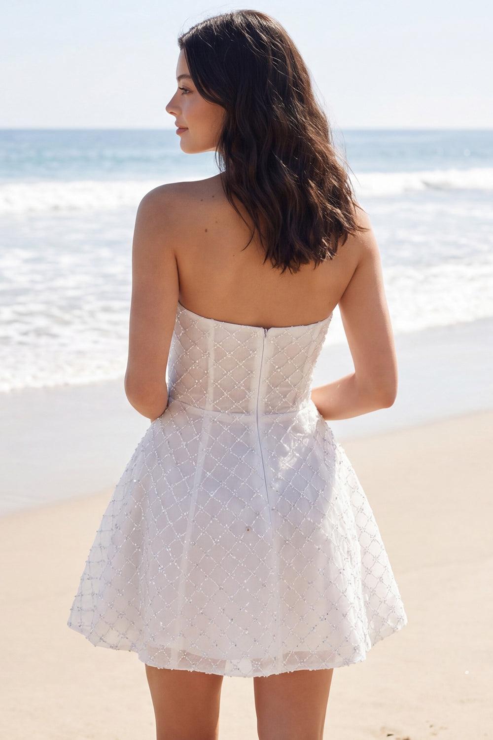 Sparkly Strapless Ivory Beaded A Line Short Reception Dress