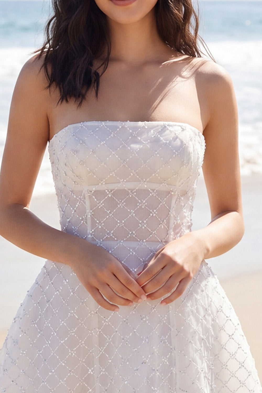 Sparkly Strapless Ivory Beaded A Line Short Reception Dress